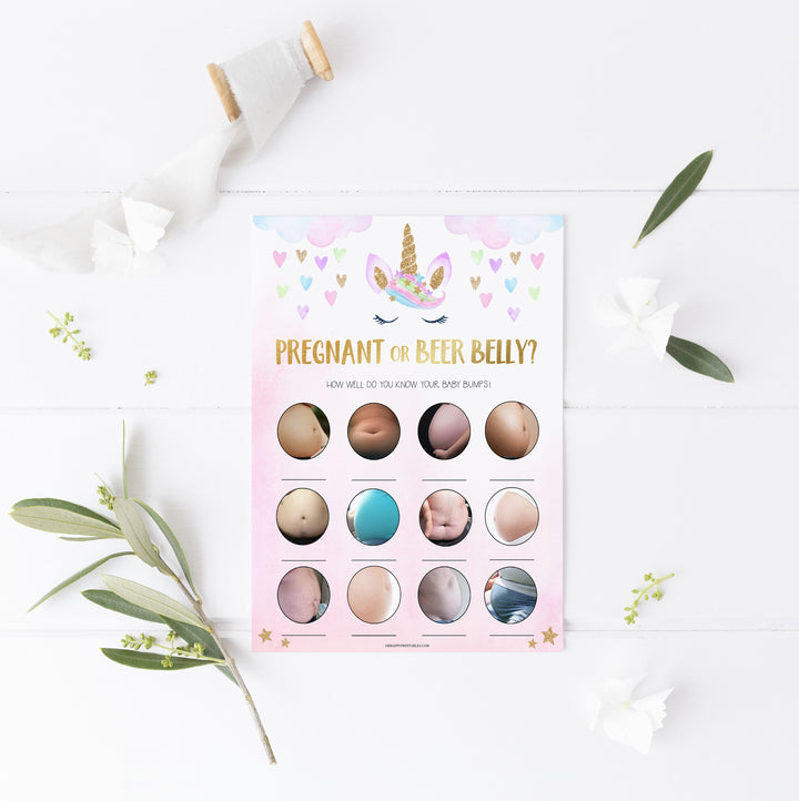 pregnant or beer belly game, Printable baby shower games, unicorn baby games, baby shower games, fun baby shower ideas, top baby shower ideas, unicorn baby shower, baby shower games, fun unicorn baby shower ideas