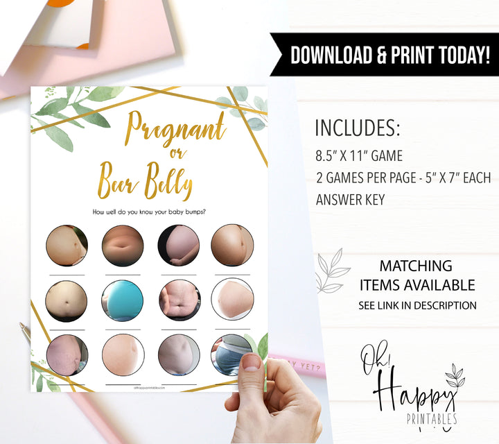 gold geometric pregnant or beer belly baby shower games, printable baby shower games, fun baby games, popular baby games, gold baby games