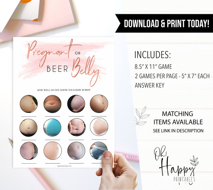 Pregnant or Beer Belly, Baby Bump or Beer Belly, Baby Bump Beer Belly, Baby Belly Beer Belly, Baby Shower Games, Pink, Printable, Pregnant baby game, printable baby shower games, fun baby shower games, popular baby shower games