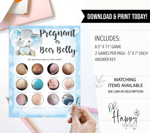 Blue elephant baby games, pregnant or beer belly, elephant baby games, printable baby games, top baby games, best baby shower games, baby shower ideas, fun baby games, elephant baby shower