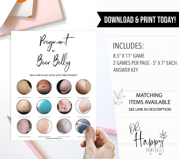 White Gender Neutral Pregnant or Beer Belly, Baby Shower Game, Baby or Beer Belly, Pregnant or Beer Belly Game, White Baby Shower Games, fun baby shower games, popular baby shower games