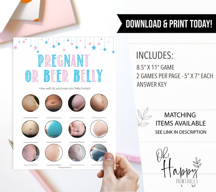 Gender reveal baby games, pregnant or beer belly baby game, gender reveal shower, fun baby games, gender reveal ideas, popular baby games, best baby games, printable baby games, gender reveal baby games