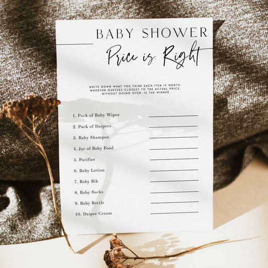 Printable baby shower game Price Is Right with a modern minimalist design