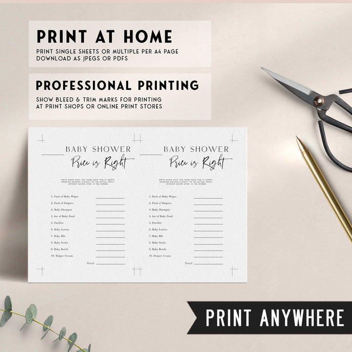 Printable baby shower game Price Is Right with a modern minimalist design