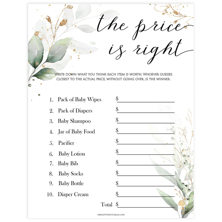 Gold green leaf baby games, the price is right baby games, printable baby games, fun baby games, top baby games to play, gold leaf baby shower, greenery baby shower ideas