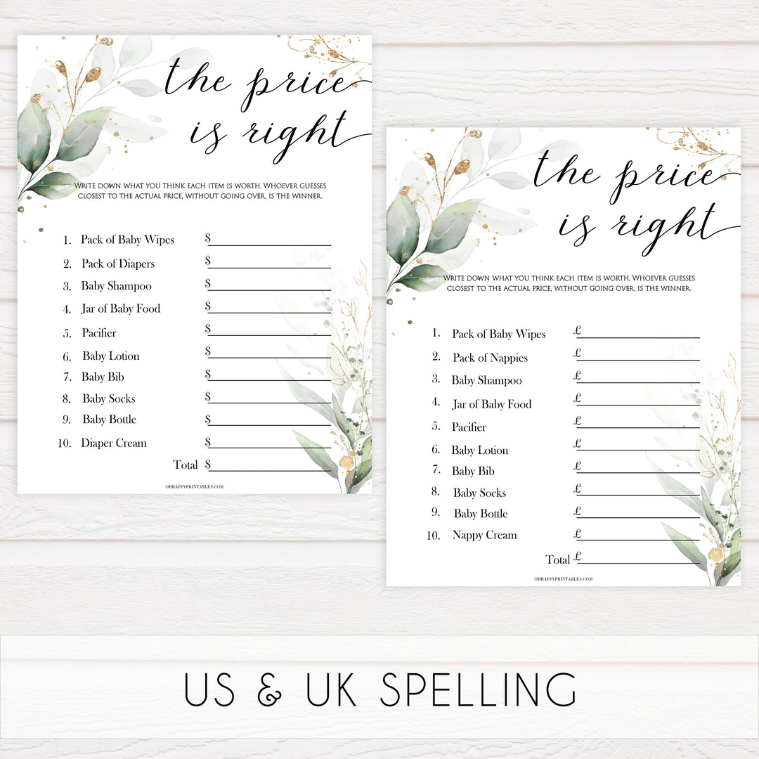 Gold green leaf baby games, the price is right baby games, printable baby games, fun baby games, top baby games to play, gold leaf baby shower, greenery baby shower ideas