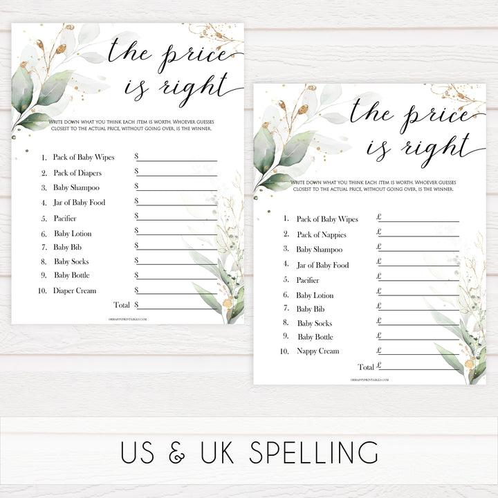 Gold green leaf baby games, the price is right baby games, printable baby games, fun baby games, top baby games to play, gold leaf baby shower, greenery baby shower ideas