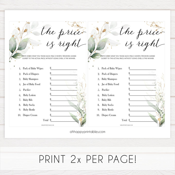 Gold green leaf baby games, the price is right baby games, printable baby games, fun baby games, top baby games to play, gold leaf baby shower, greenery baby shower ideas