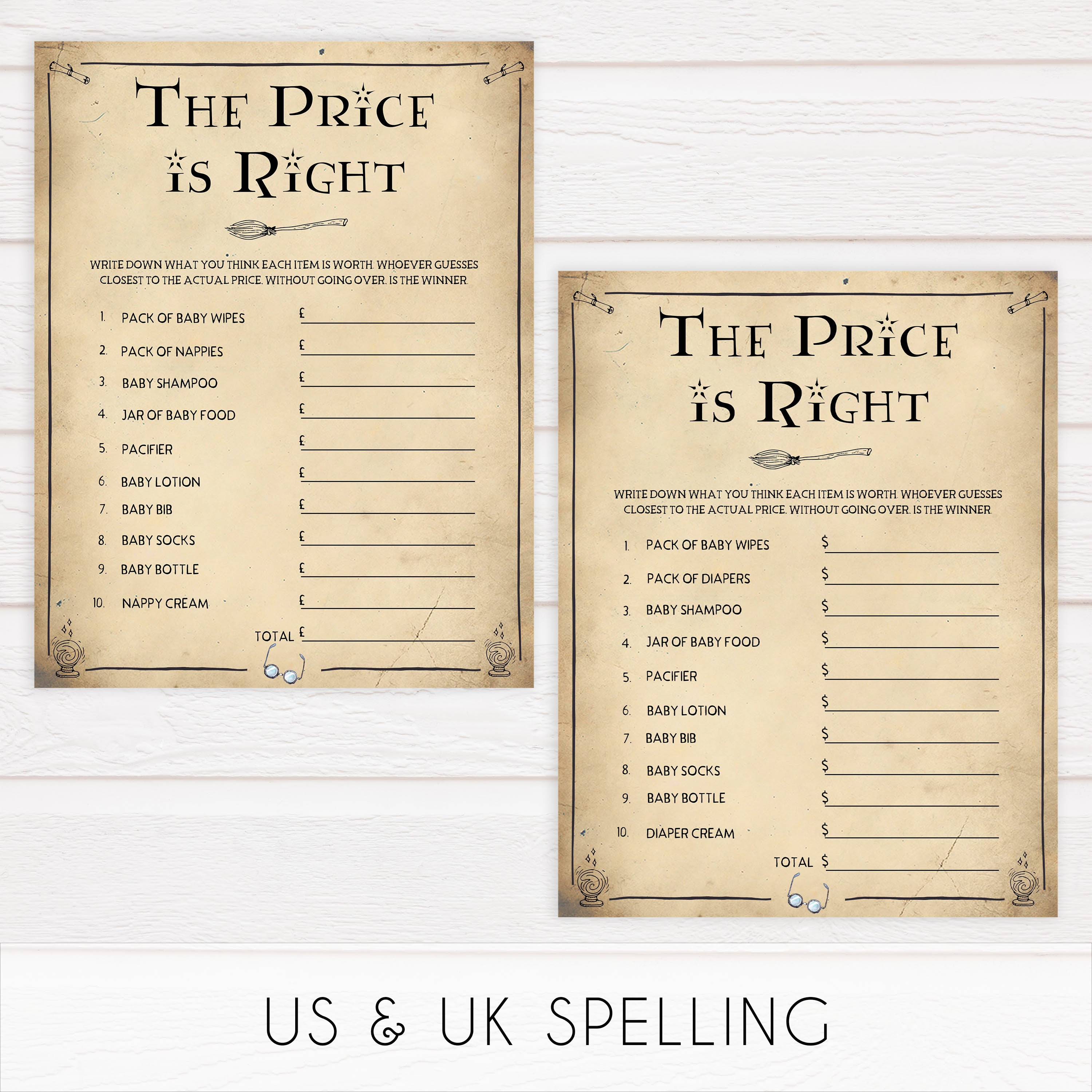 The Price is Right Baby Game, Wizard baby shower games, printable baby shower games, Harry Potter baby games, Harry Potter baby shower, fun baby shower games,  fun baby ideas