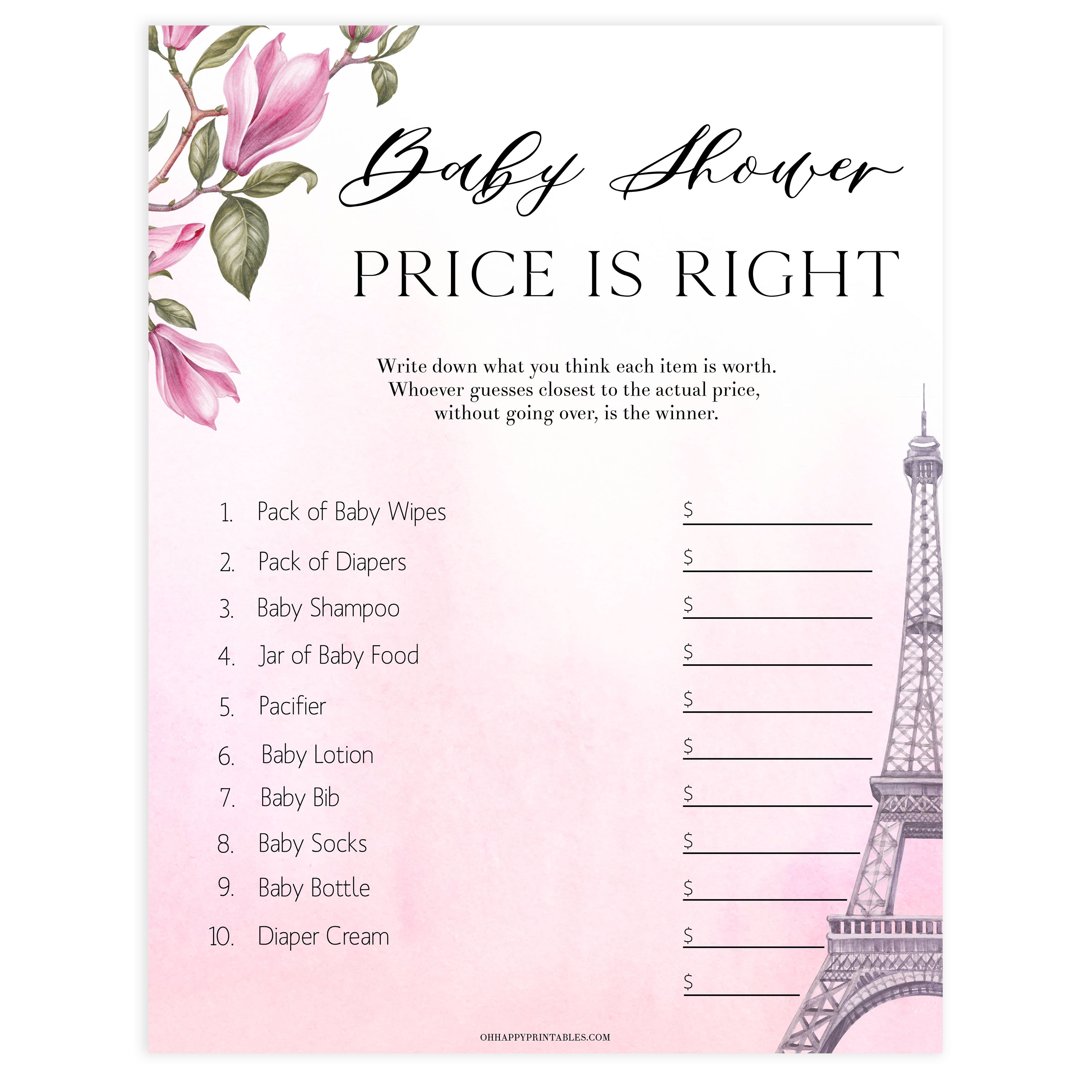 price is right baby shower game, Paris baby shower games, printable baby shower games, Parisian baby shower games, fun baby shower games