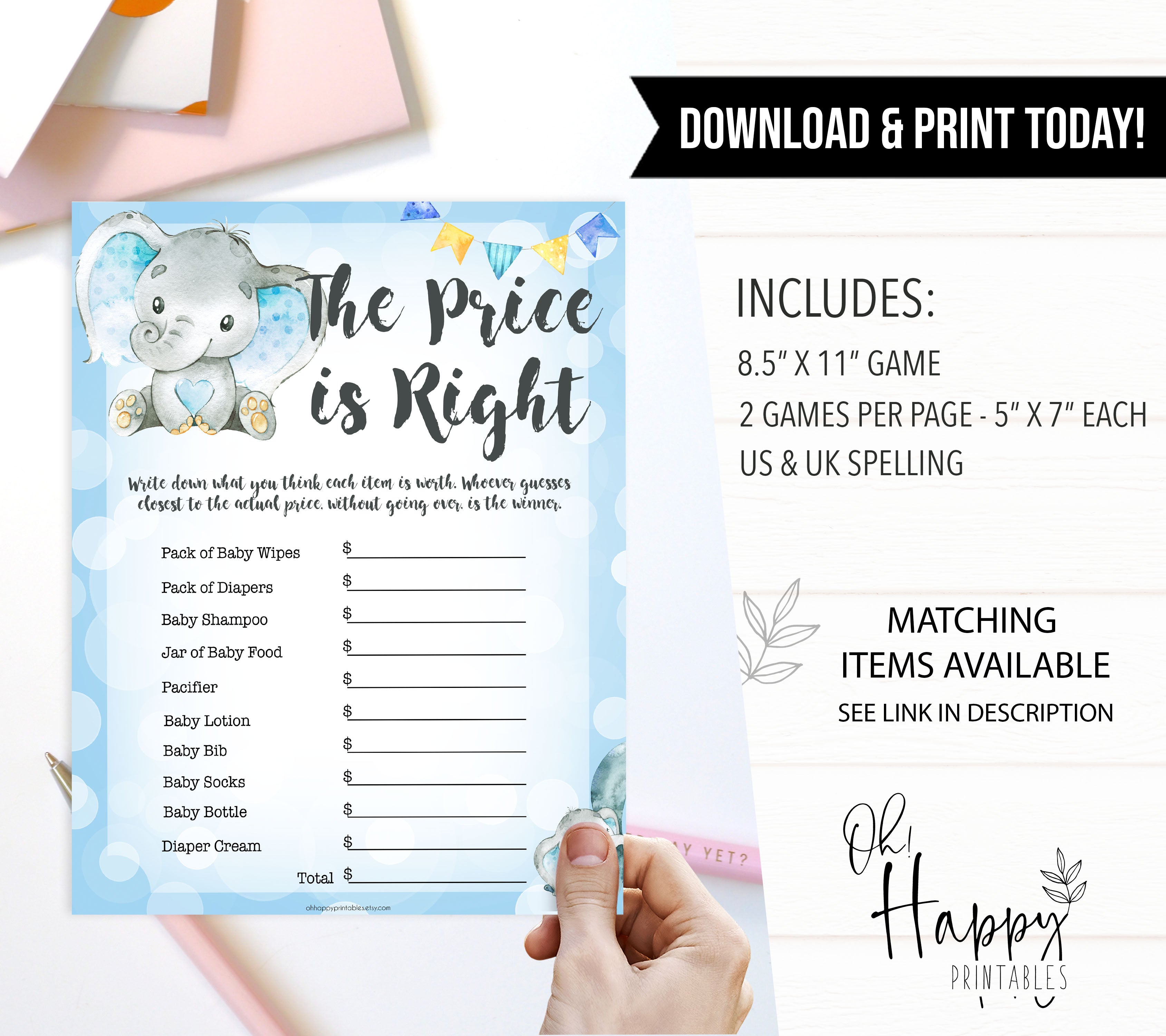 Blue elephant baby games, the price is right, elephant baby games, printable baby games, top baby games, best baby shower games, baby shower ideas, fun baby games, elephant baby shower