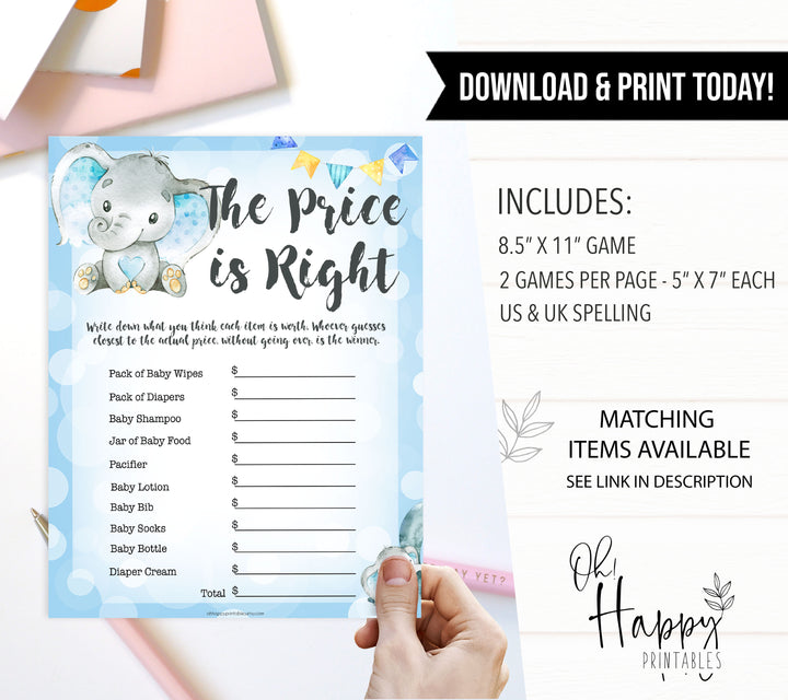 Blue elephant baby games, the price is right, elephant baby games, printable baby games, top baby games, best baby shower games, baby shower ideas, fun baby games, elephant baby shower