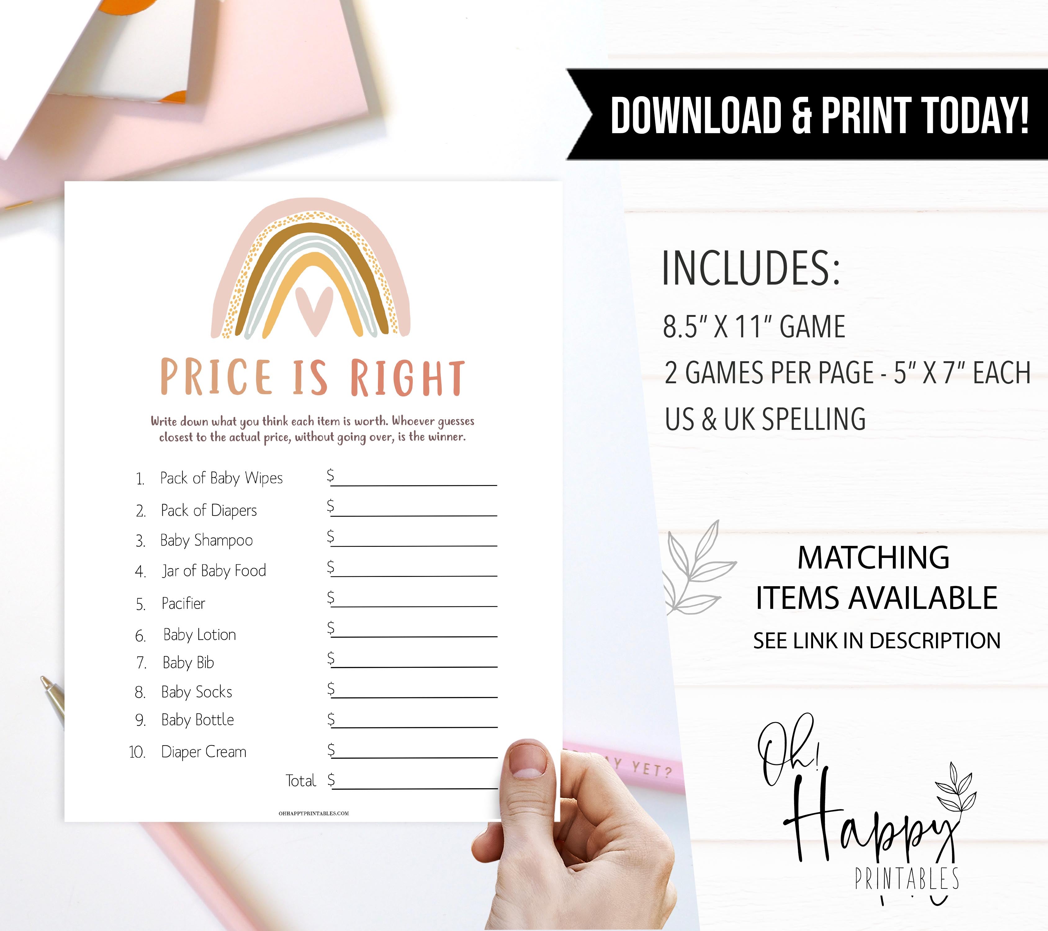 price is right baby shower games, Printable baby shower games, boho rainbow baby games, baby shower games, fun baby shower ideas, top baby shower ideas, boho rainbow baby shower, baby shower games, fun boho rainbow baby shower ideas