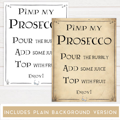pimp my prosecco sign, Printable bridal shower signs, Harry Potter bridal shower decor, Harry Potter bridal shower decor ideas, fun bridal shower decor, bridal shower game ideas, Harry Potter bridal shower ideas