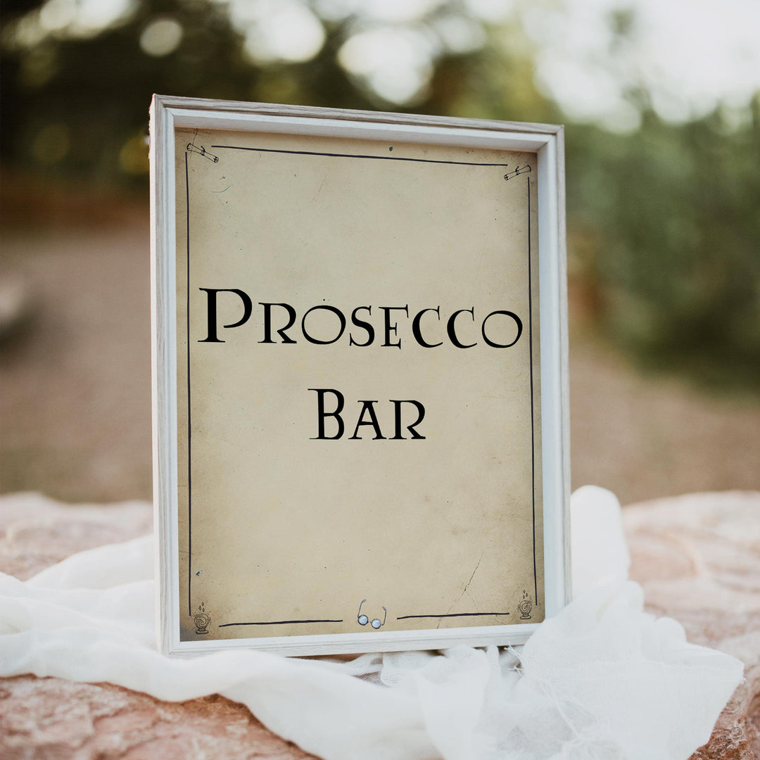 preosecco bar sign, Printable bridal shower signs, Harry Potter bridal shower decor, Harry Potter bridal shower decor ideas, fun bridal shower decor, bridal shower game ideas, Harry Potter bridal shower ideas
