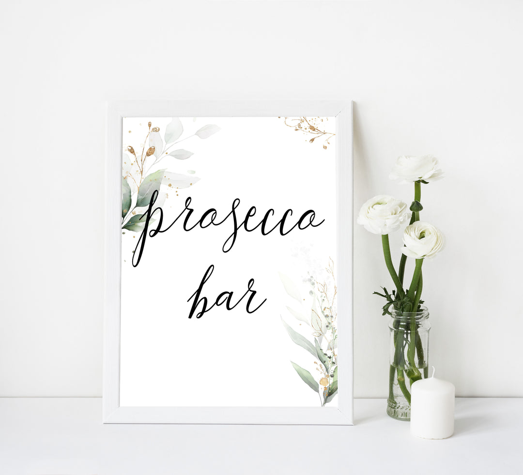prosecco sign, Printable bridal shower signs, greenery bridal shower decor, gold leaf bridal shower decor ideas, fun bridal shower decor, bridal shower game ideas, greenery bridal shower ideas