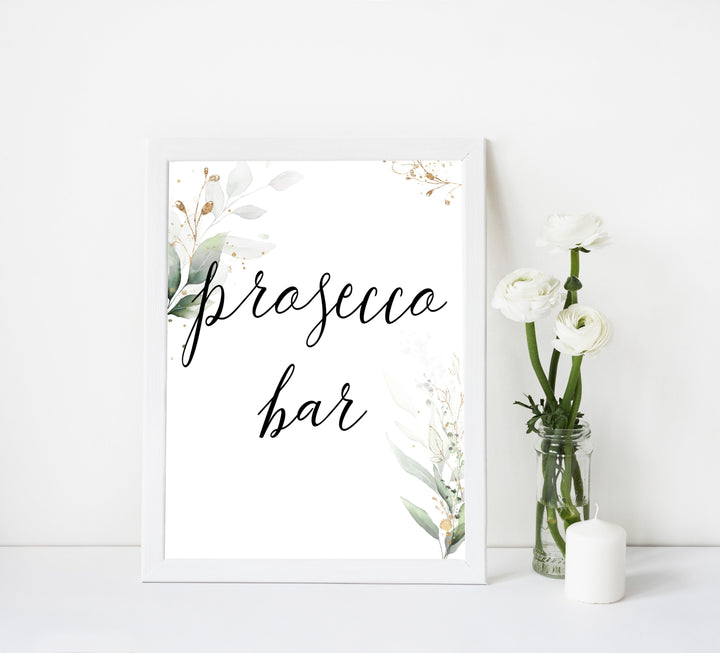 prosecco sign, Printable bridal shower signs, greenery bridal shower decor, gold leaf bridal shower decor ideas, fun bridal shower decor, bridal shower game ideas, greenery bridal shower ideas
