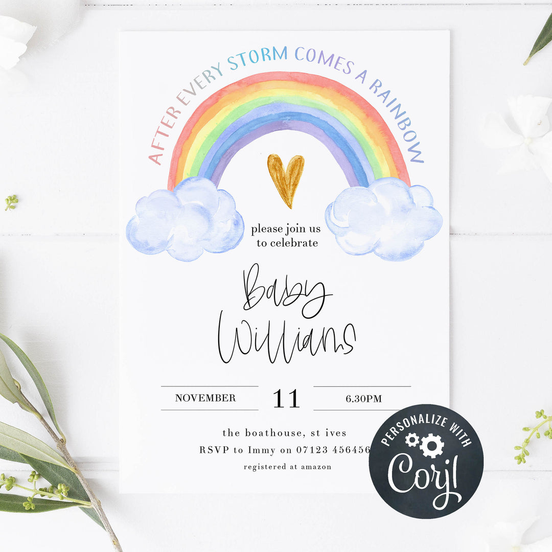 baby shower invitations, rainbow baby shower invitations, editable rainbow baby shower invitations, printable rainbow baby shower invitations, rainbow baby shower invites