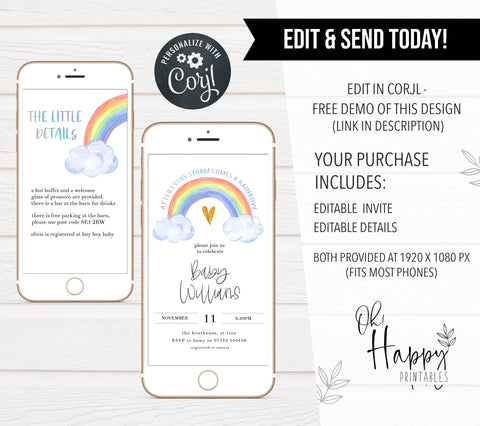 baby shower invitations, rainbow baby shower invitations, editable rainbow baby shower invitations, printable rainbow baby shower invitations, rainbow baby shower invites