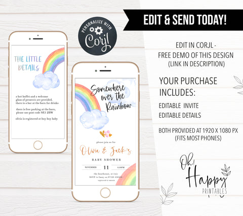 baby shower invitations, rainbow baby shower invitations, editable rainbow baby shower invitations, printable rainbow baby shower invitations, rainbow baby shower invites
