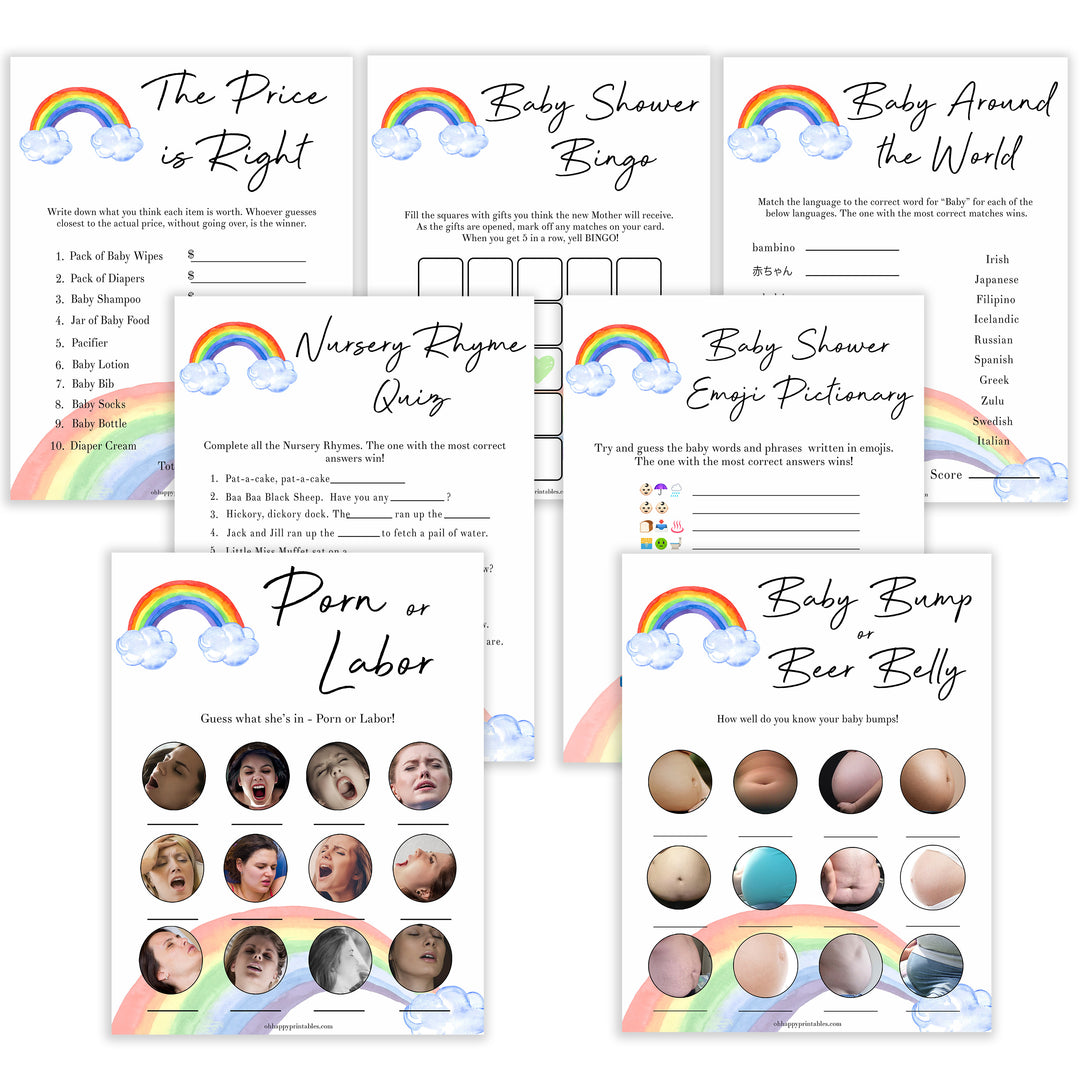 Rainbow baby games, rainbow baby games pack, rainbow baby games bundle rainbow printable baby games, instant download games, rainbow baby shower, printable baby games, fun baby games, popular baby games, top 10 baby games