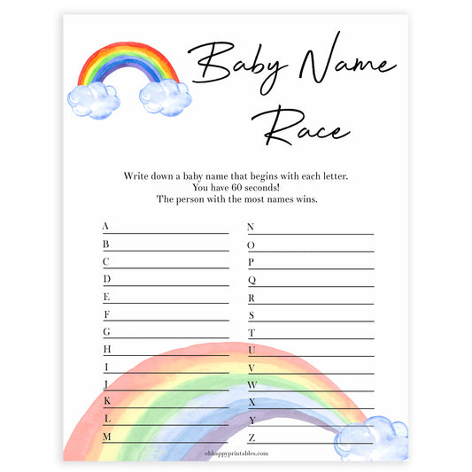 Rainbow baby games, rainbow baby name race, rainbow printable baby games, instant download games, rainbow baby shower, printable baby games, fun baby games, popular baby games, top 10 baby games