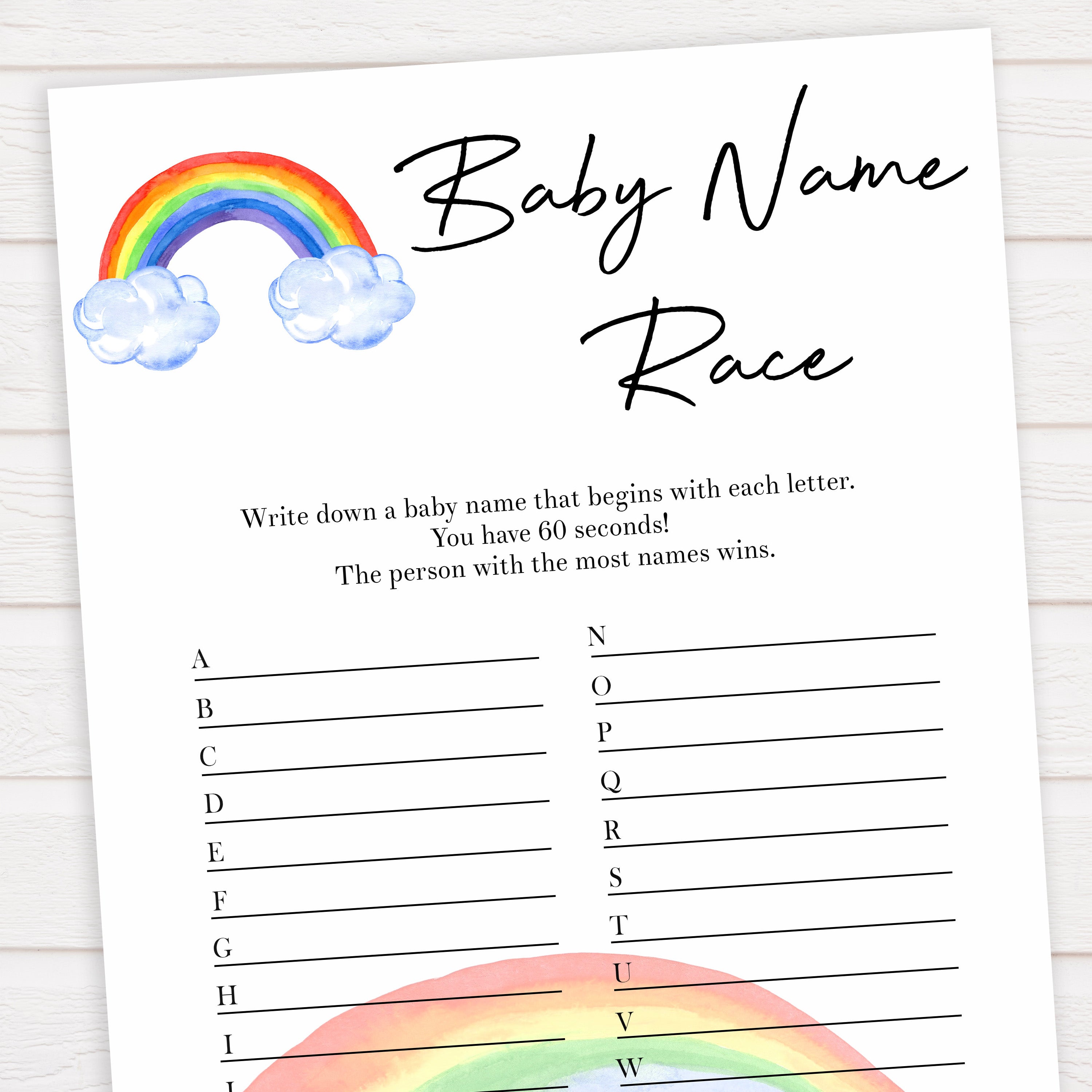 Rainbow baby games, rainbow baby name race, rainbow printable baby games, instant download games, rainbow baby shower, printable baby games, fun baby games, popular baby games, top 10 baby games