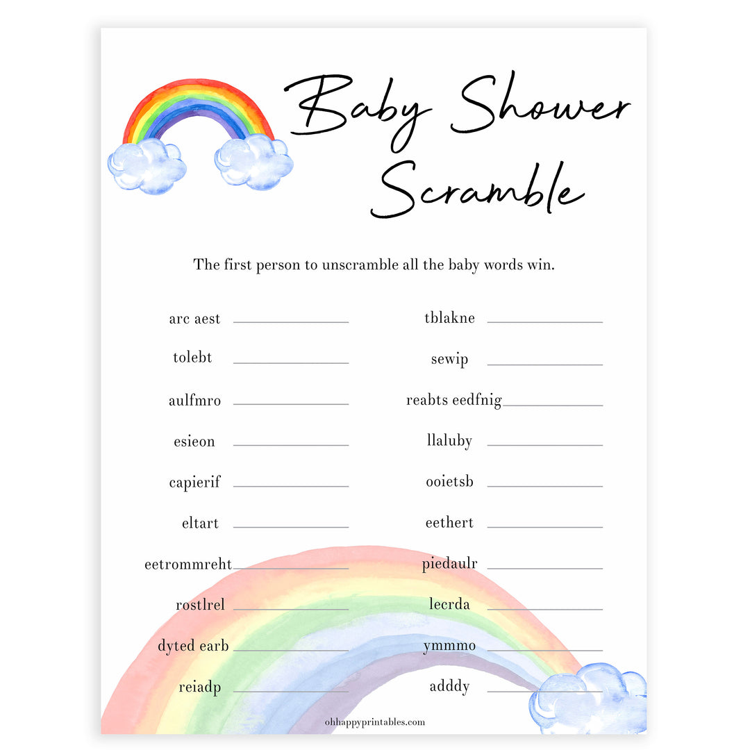 Rainbow baby games, rainbow baby scramble, rainbow printable baby games, instant download games, rainbow baby shower, printable baby games, fun baby games, popular baby games, top 10 baby games