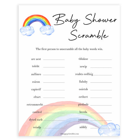 Rainbow baby games, rainbow baby scramble, rainbow printable baby games, instant download games, rainbow baby shower, printable baby games, fun baby games, popular baby games, top 10 baby games