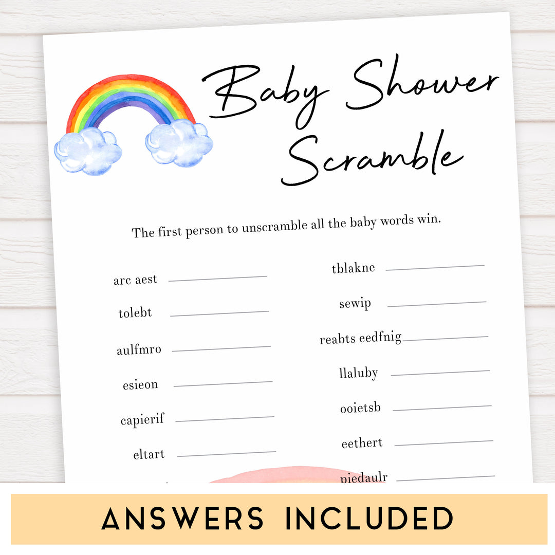 Rainbow baby games, rainbow baby scramble, rainbow printable baby games, instant download games, rainbow baby shower, printable baby games, fun baby games, popular baby games, top 10 baby games