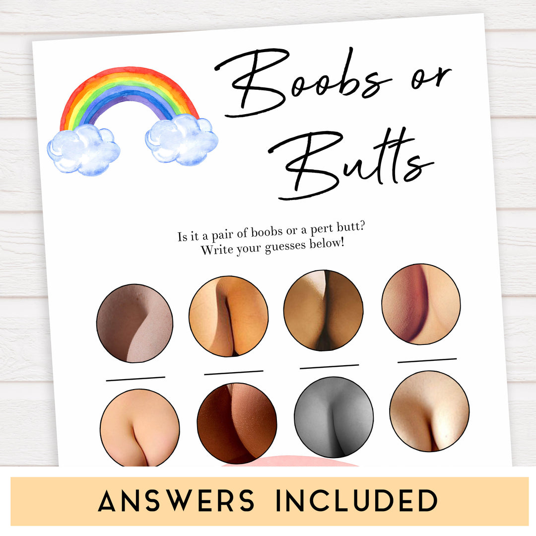 Rainbow baby games, rainbow boobs or butts, rainbow printable baby games, instant download games, rainbow baby shower, printable baby games, fun baby games, popular baby games, top 10 baby games