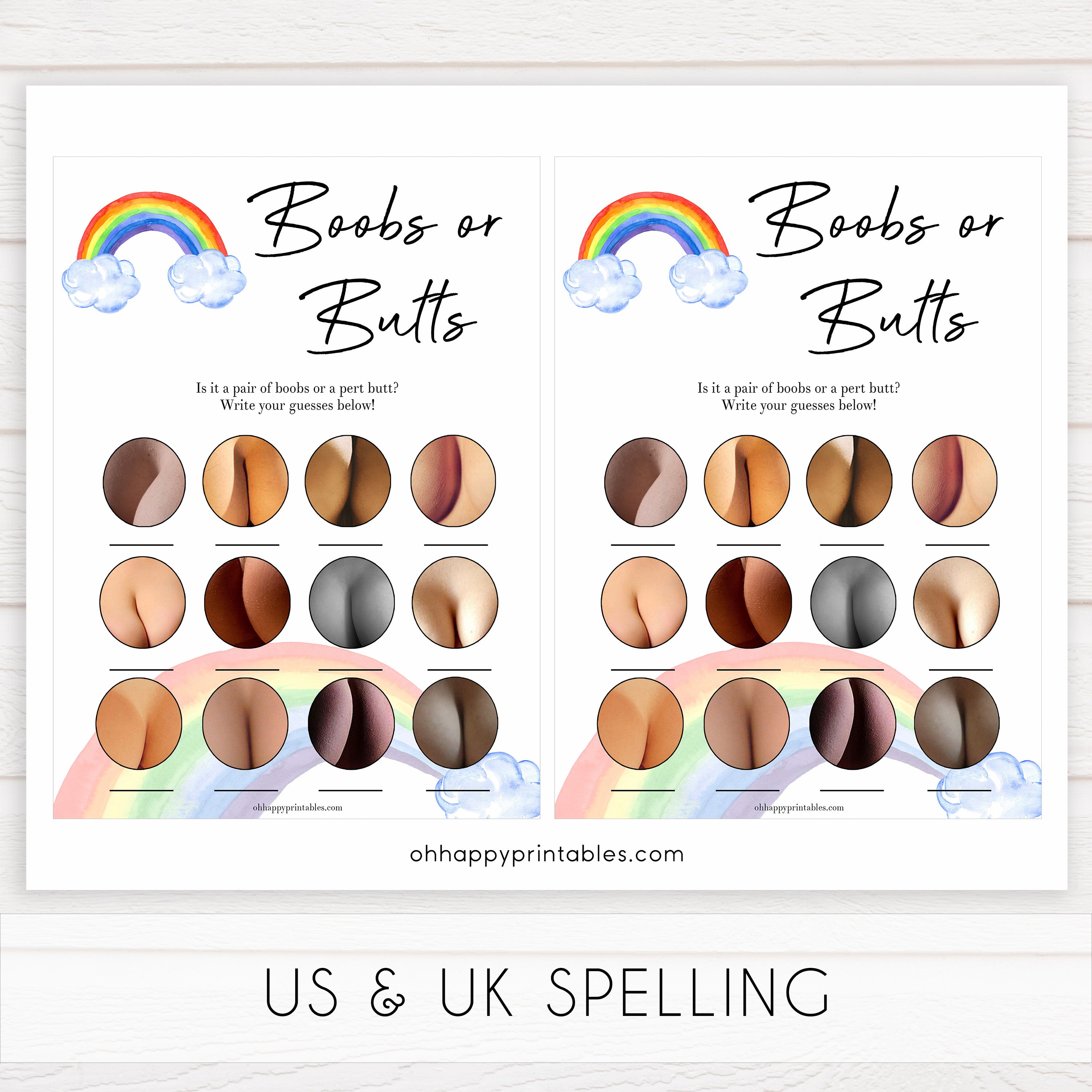 Rainbow baby games, rainbow boobs or butts, rainbow printable baby games, instant download games, rainbow baby shower, printable baby games, fun baby games, popular baby games, top 10 baby games