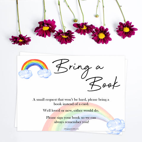 rainbow baby shower, bring a book for baby, books for baby, printable baby games, baby insert, rainbow baby decor, top baby games, fun baby shower ideas
