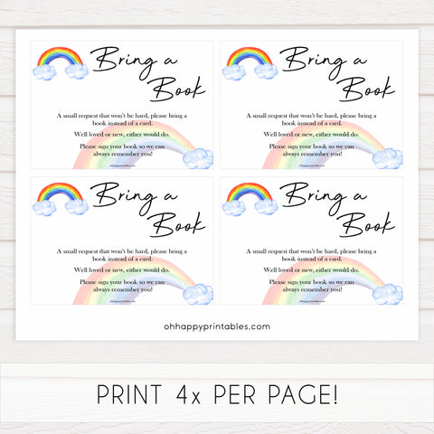 rainbow baby shower, bring a book for baby, books for baby, printable baby games, baby insert, rainbow baby decor, top baby games, fun baby shower ideas