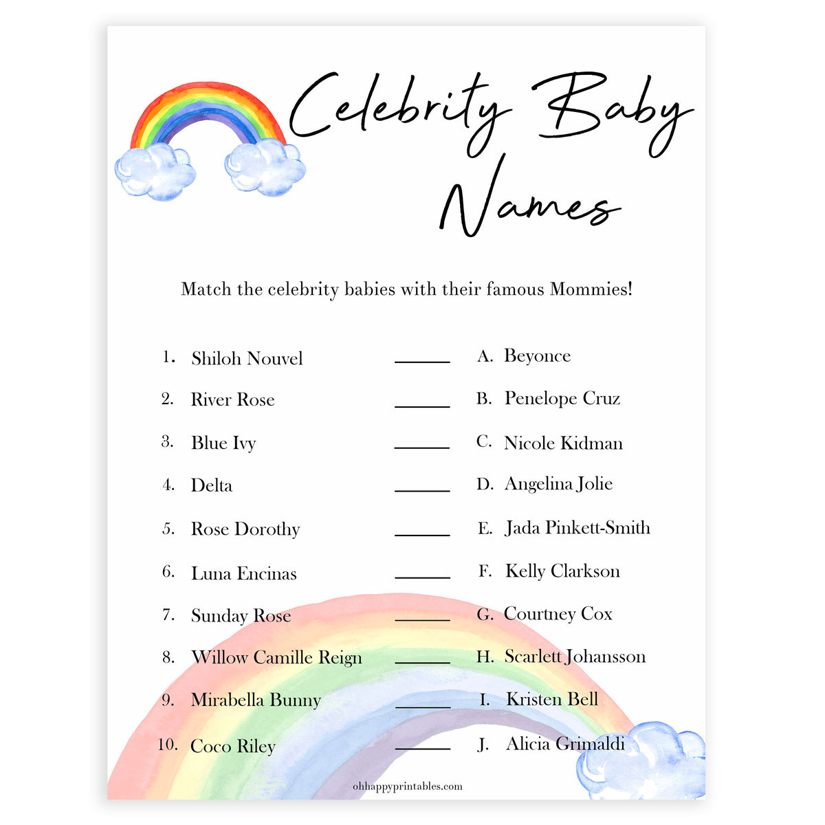 Rainbow baby games, rainbow celebrity baby names, rainbow printable baby games, instant download games, rainbow baby shower, printable baby games, fun baby games, popular baby games, top 10 baby games