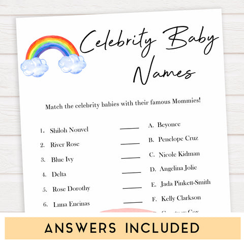 Rainbow baby games, rainbow celebrity baby names, rainbow printable baby games, instant download games, rainbow baby shower, printable baby games, fun baby games, popular baby games, top 10 baby games