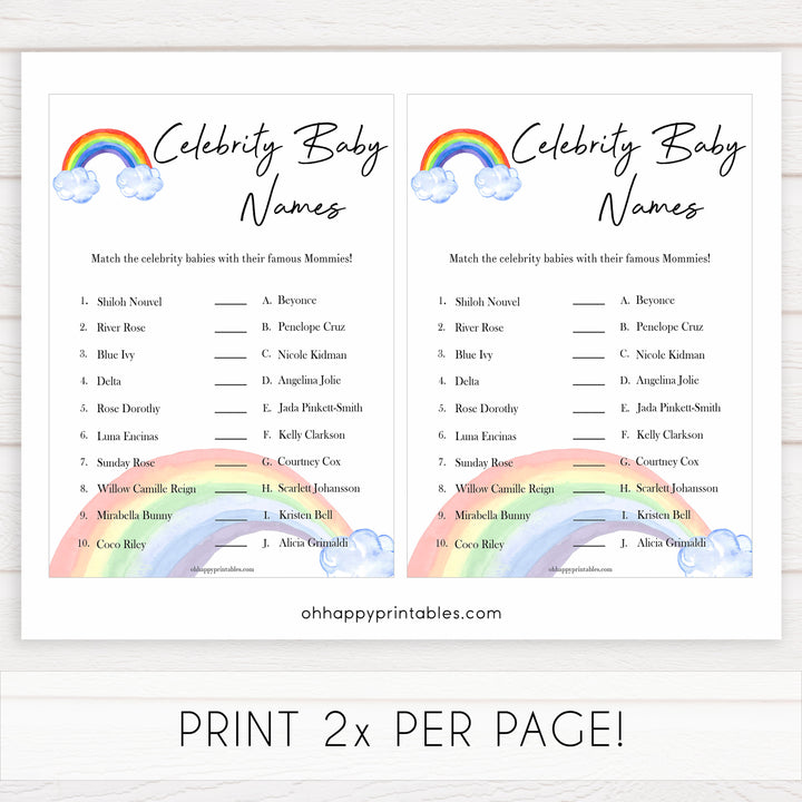Rainbow baby games, rainbow celebrity baby names, rainbow printable baby games, instant download games, rainbow baby shower, printable baby games, fun baby games, popular baby games, top 10 baby games