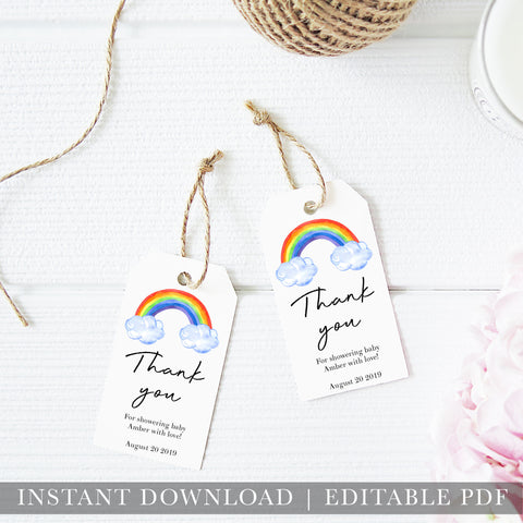 rainbow baby thank you tags, printable baby thank you tags, editable baby thank you tags, rainbow baby decor, rainbow baby tags
