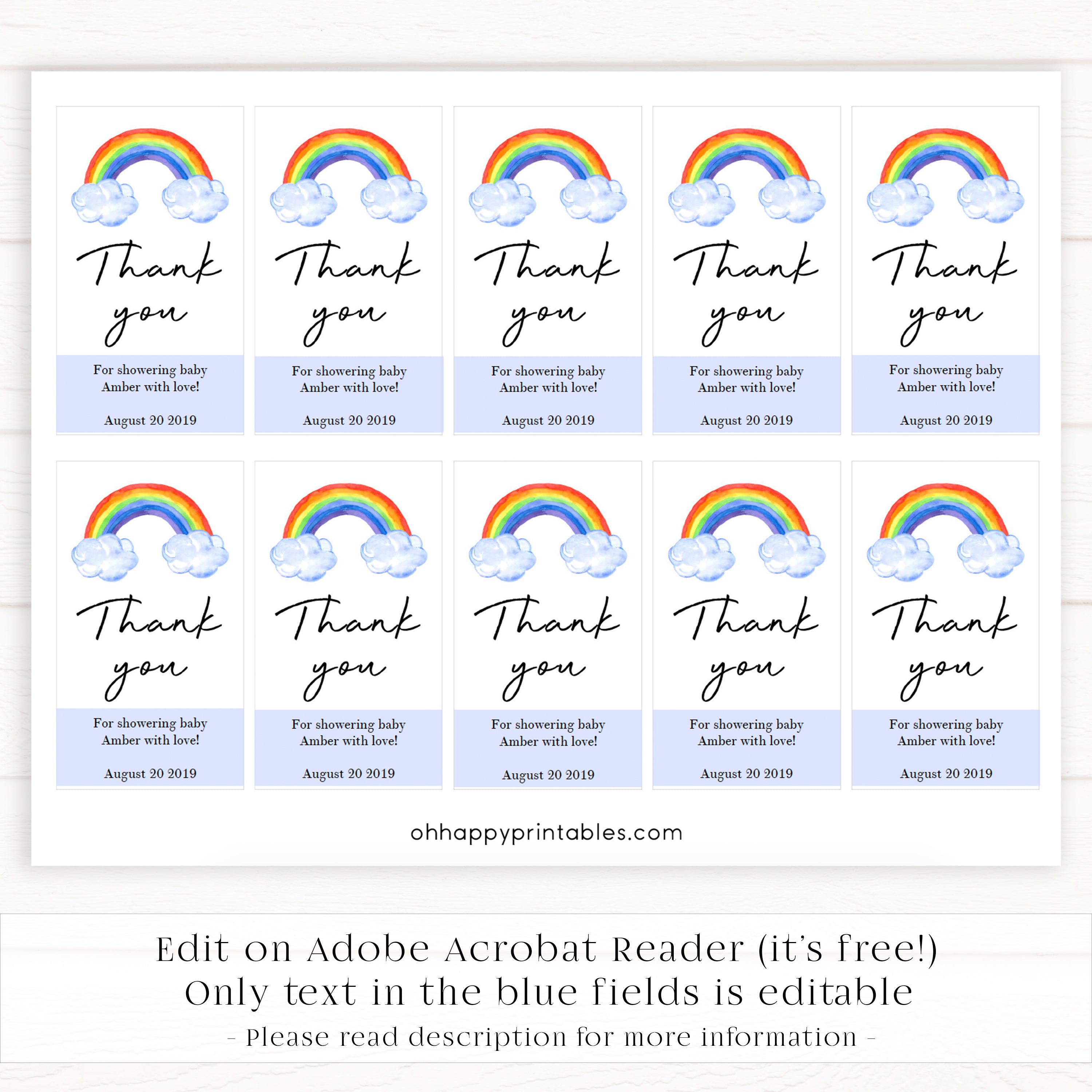 rainbow baby thank you tags, printable baby thank you tags, editable baby thank you tags, rainbow baby decor, rainbow baby tags