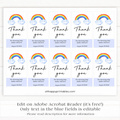 rainbow baby thank you tags, printable baby thank you tags, editable baby thank you tags, rainbow baby decor, rainbow baby tags
