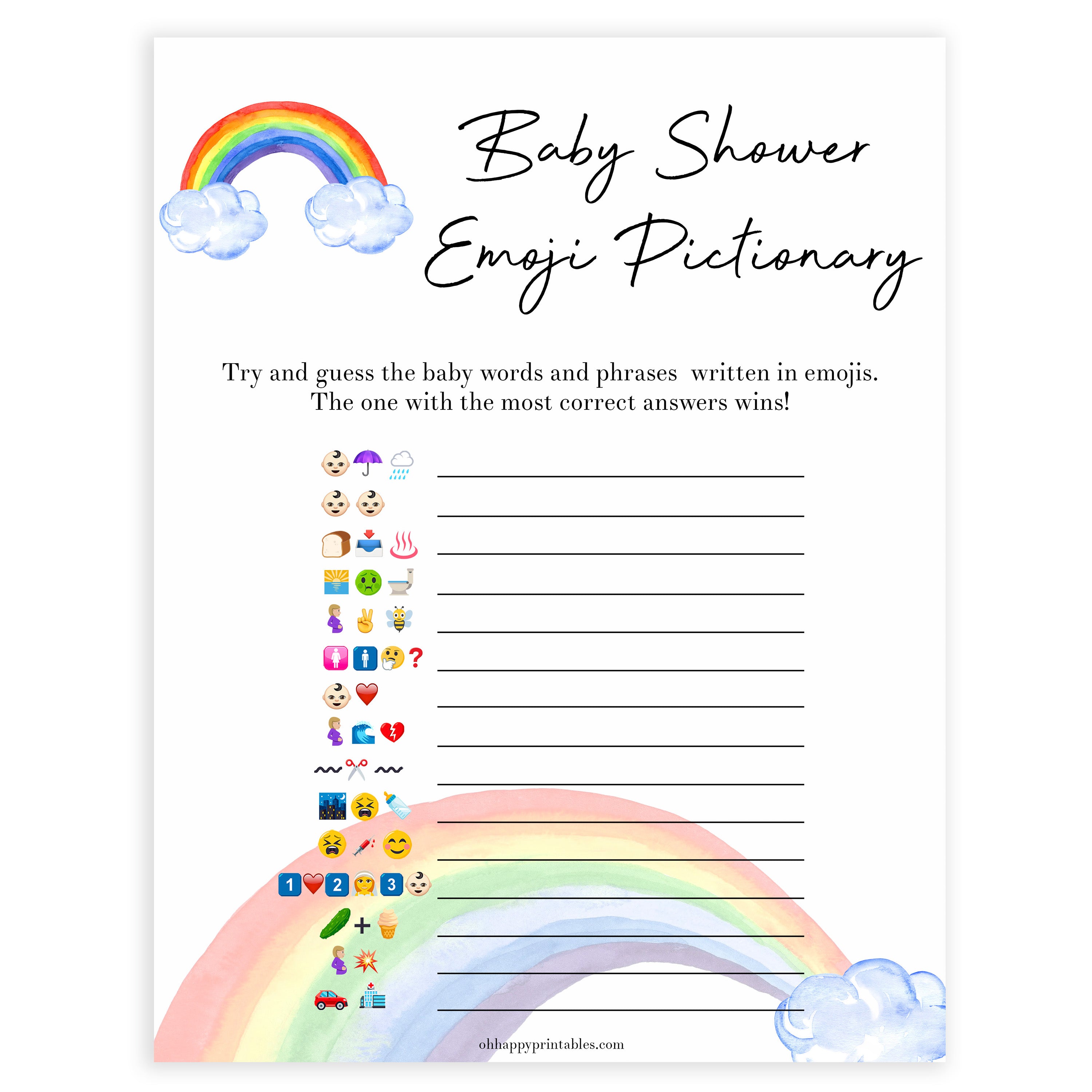 Rainbow baby games, rainbow emoji pictionary, rainbow printable baby games, instant download games, rainbow baby shower, printable baby games, fun baby games, popular baby games, top 10 baby games