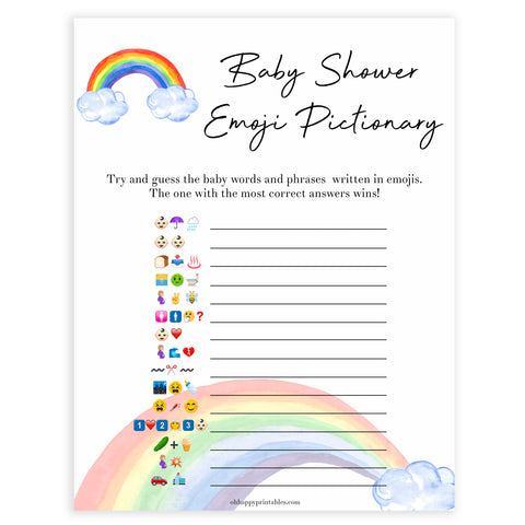 Rainbow baby games, rainbow emoji pictionary, rainbow printable baby games, instant download games, rainbow baby shower, printable baby games, fun baby games, popular baby games, top 10 baby games