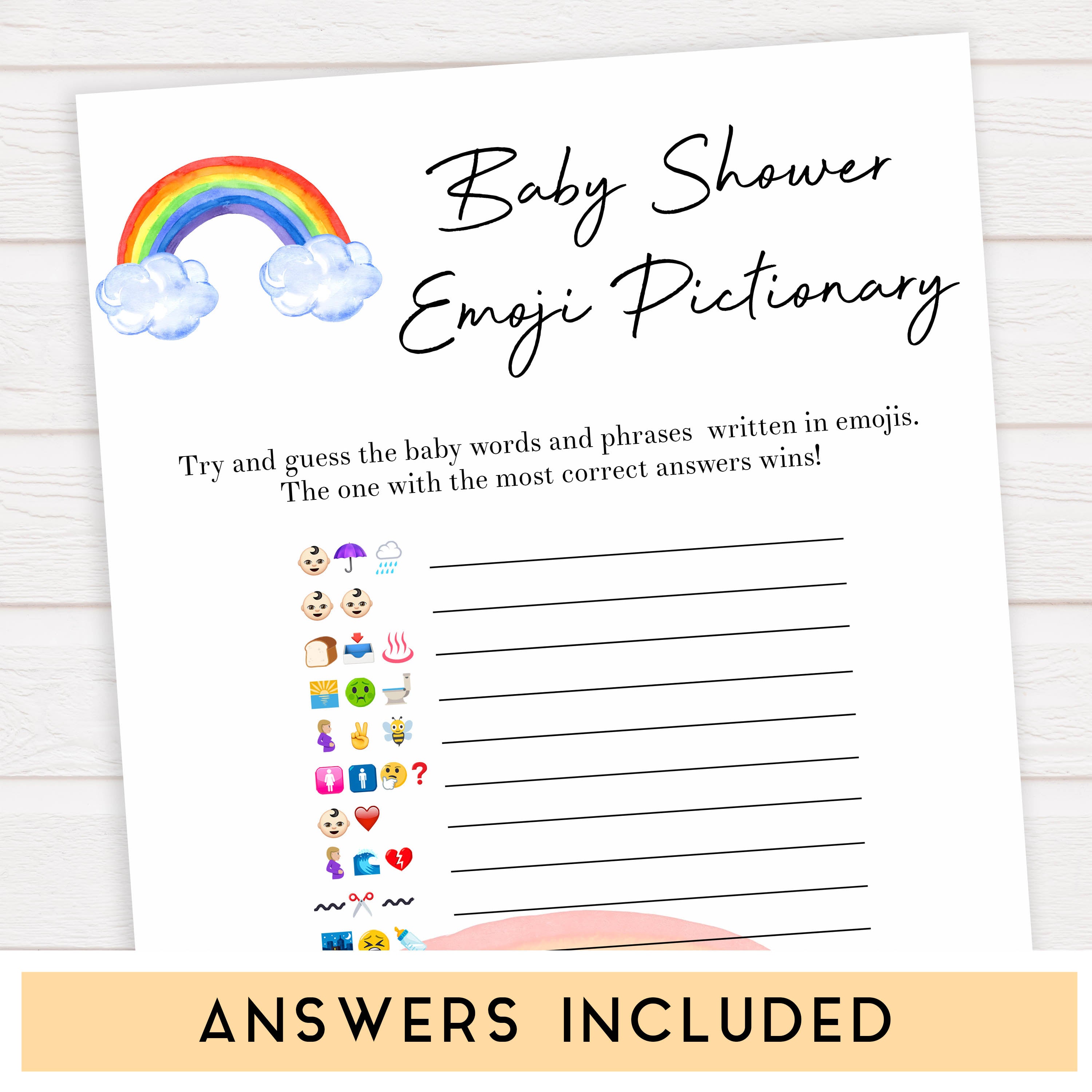 Rainbow baby games, rainbow emoji pictionary, rainbow printable baby games, instant download games, rainbow baby shower, printable baby games, fun baby games, popular baby games, top 10 baby games
