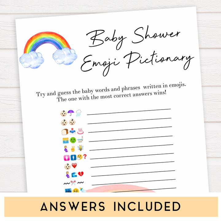 Rainbow baby games, rainbow emoji pictionary, rainbow printable baby games, instant download games, rainbow baby shower, printable baby games, fun baby games, popular baby games, top 10 baby games