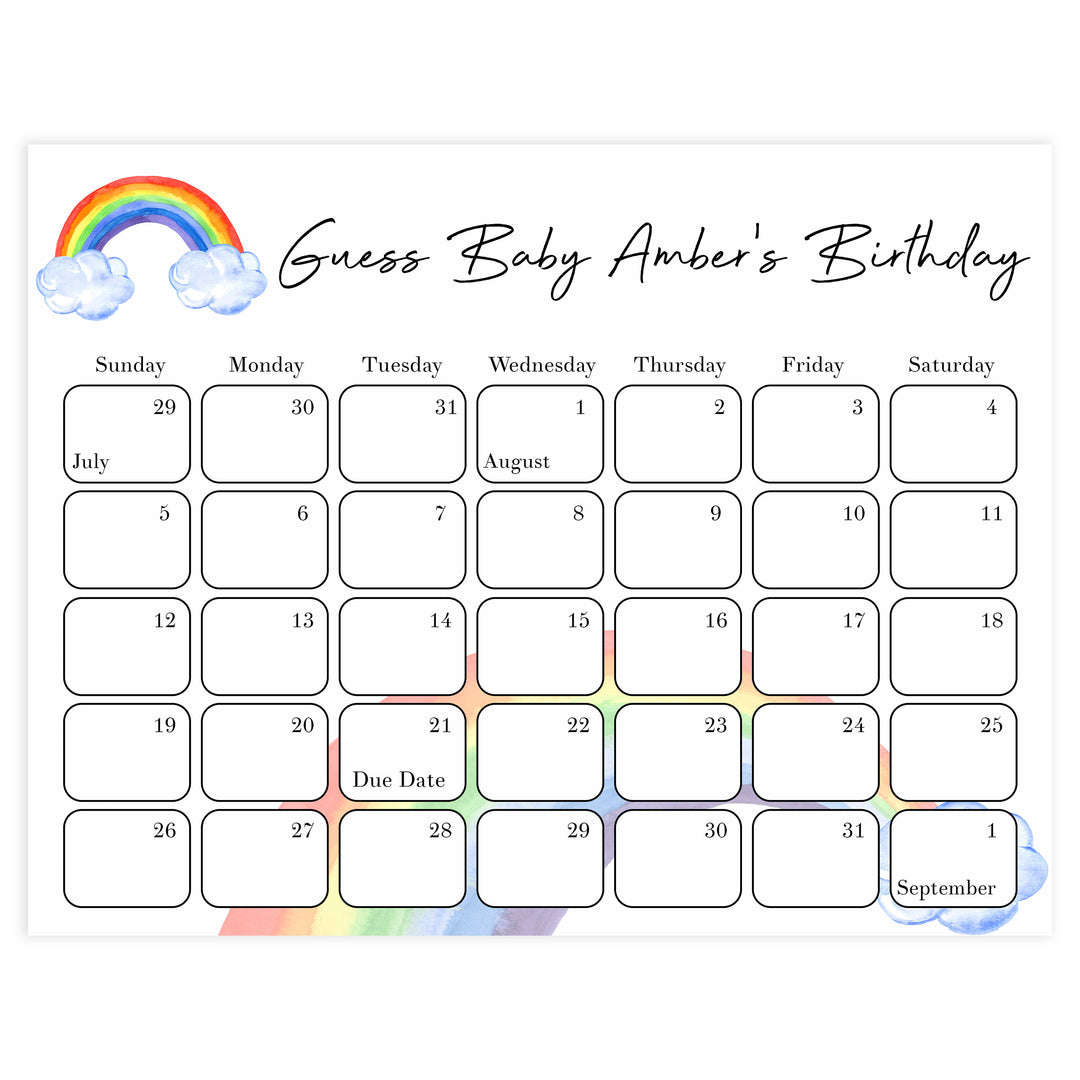 guess the baby birthday game, baby birthday prediction game, printable baby shower games, rainbow baby shower games, rainbow baby decor ideas, baby rainbow