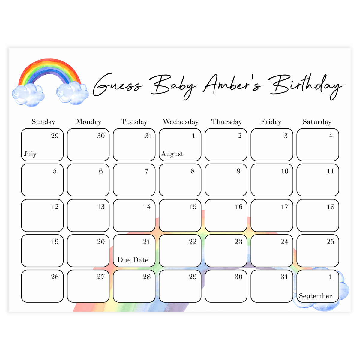 guess the baby birthday game, baby birthday prediction game, printable baby shower games, rainbow baby shower games, rainbow baby decor ideas, baby rainbow