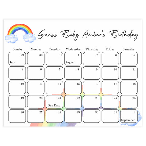 guess the baby birthday game, baby birthday prediction game, printable baby shower games, rainbow baby shower games, rainbow baby decor ideas, baby rainbow