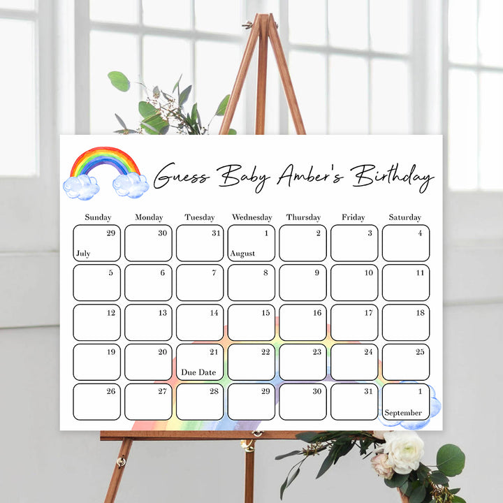 guess the baby birthday game, baby birthday prediction game, printable baby shower games, rainbow baby shower games, rainbow baby decor ideas, baby rainbow