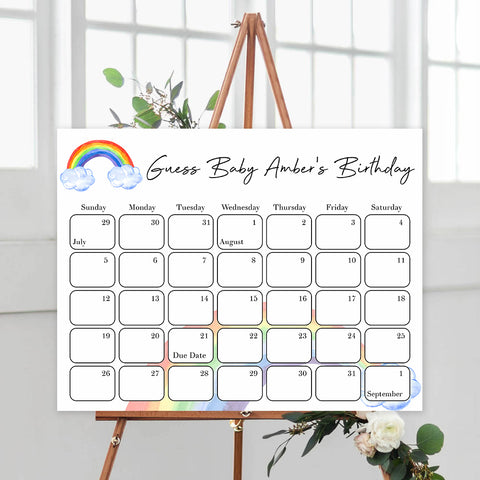 guess the baby birthday game, baby birthday prediction game, printable baby shower games, rainbow baby shower games, rainbow baby decor ideas, baby rainbow