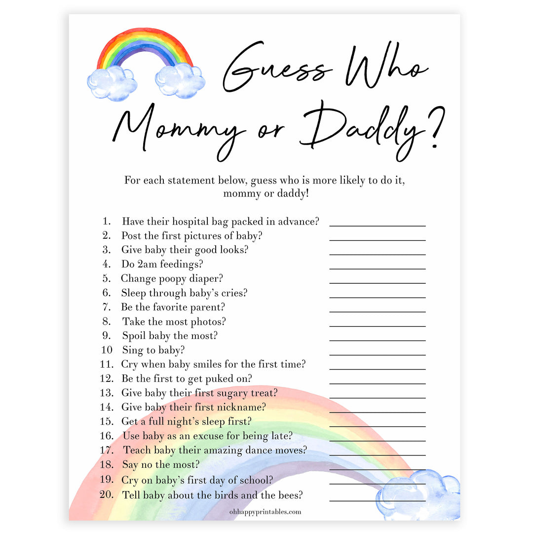 Rainbow baby games, rainbow guess who mommy or daddy, rainbow printable baby games, instant download games, rainbow baby shower, printable baby games, fun baby games, popular baby games, top 10 baby games